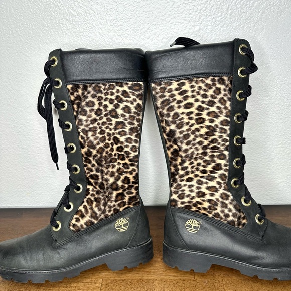 Vintage Timberland women’s knee high combat boots. Leopard print w/blk leather - Picture 1 of 12